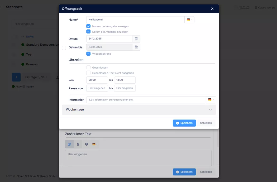 Sonderöffnungszeiten für deine Standorte anlegen