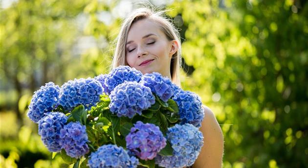 Frau mit blauer Hortensie