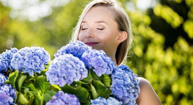 Frau mit blauer Hortensie