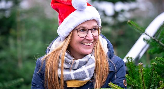 Tannenbaum schlagen - Frau lacht 