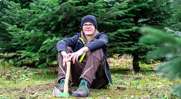 Tannenbaum schlagen - junger Mann mit Axt