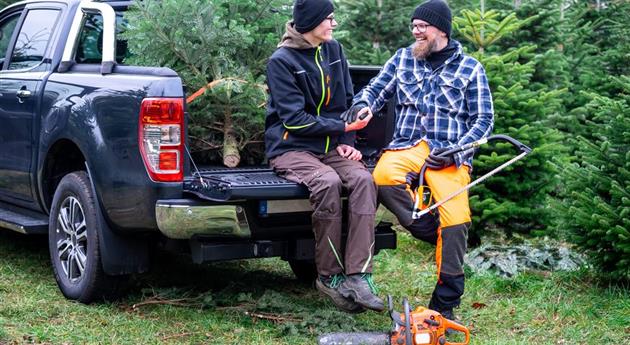 Tannenbaum schlagen - Vater und Sohn verladen Baum 